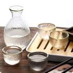 【楯野川 山川光男 換購品】日式清酒杯 玻璃酒杯酒瓶套裝 金邊錘目紋 一瓶四杯