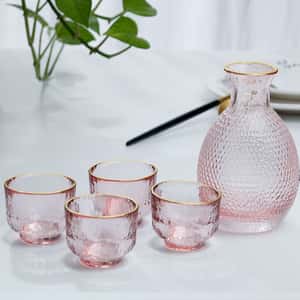 酒品配件-Accessories-日式玻璃酒清酒具套裝-錘目紋-一瓶四杯-淺粉紅-清酒杯-清酒十四代獺祭專家