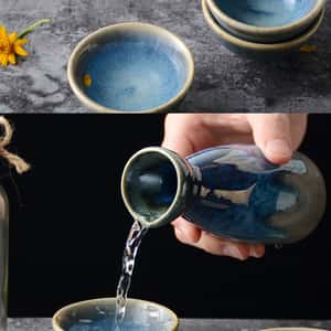 酒品配件-Accessories-日式復古陶瓷清酒酒具套裝-武士藍-1瓶4杯-清酒杯-清酒十四代獺祭專家