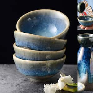 酒品配件-Accessories-日式復古陶瓷清酒酒具套裝-武士藍-1瓶4杯-清酒杯-清酒十四代獺祭專家