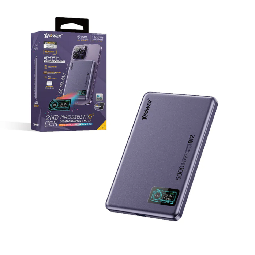 XPower MagDigita5-²-第2代-彩屏顯示-鋁合金外殼-5000mAh-PD3_0-QI2-磁吸移動電源-紫色-MAGDIGITA52-XP-MDT52-PP-電子產品-清酒十四代獺祭專家
