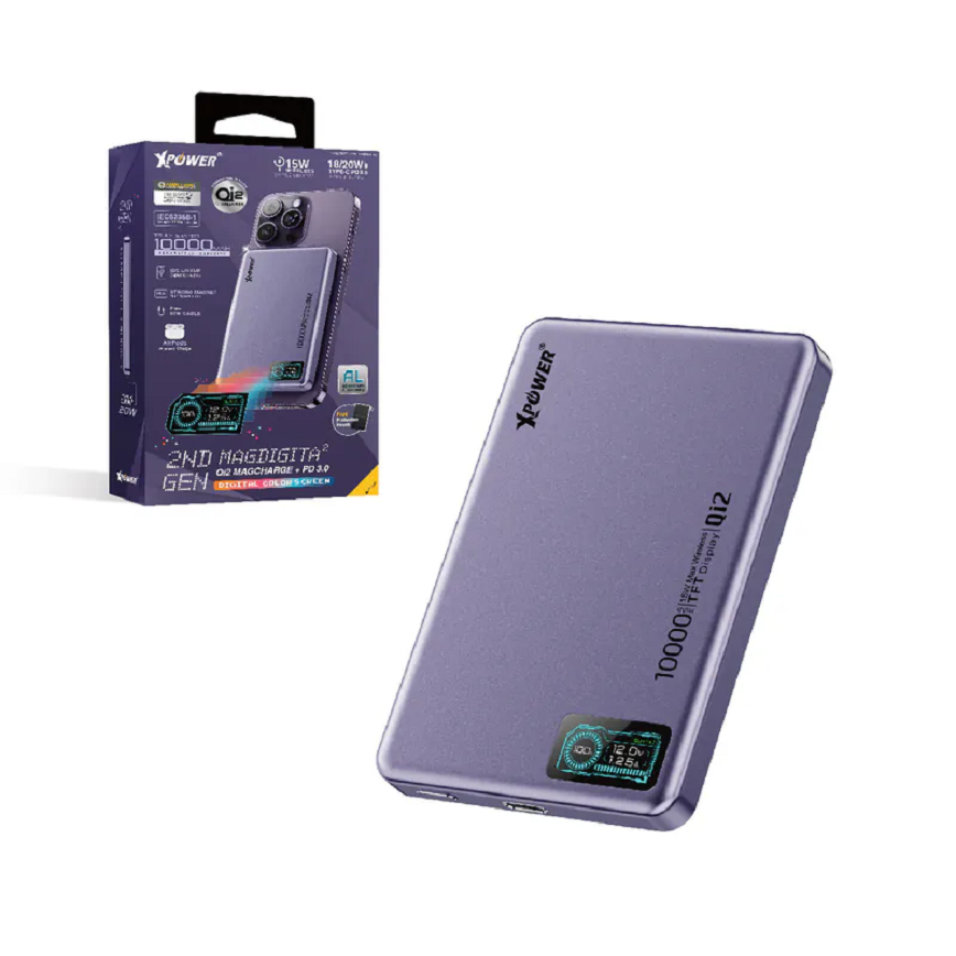 XPower MagDigita-²-第2代-彩屏顯示-鋁合金外殼-10000mAh-PD3_0-QI2磁吸移動電源-紫色-MAGDIGITA2-XP-MDT2-PP-電子產品-清酒十四代獺祭專家