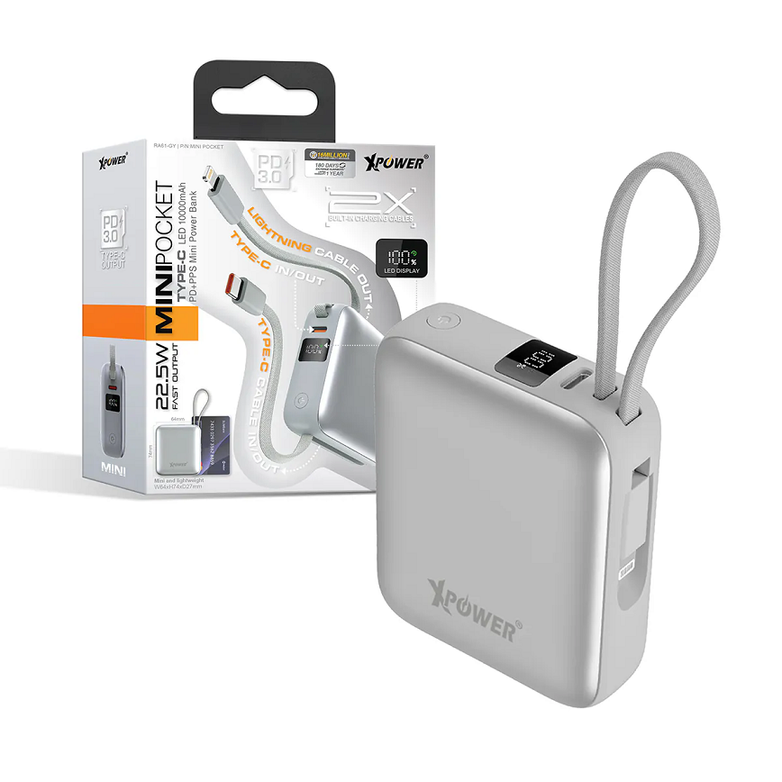 XPower MINI-POCKET-RA61-Type-C-數顯10000mAh-PD-PPS-迷你移動電源-亮灰色-MINIPOCKET-RA61-LGY-電子產品-清酒十四代獺祭專家