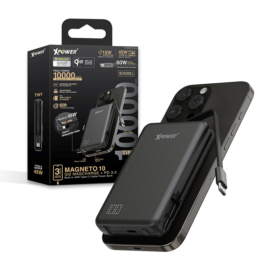 XPower MAGNETO-10-Qi2數顯-10000mAh-45W-PD3_0-磁吸無線移動電源-黑色-XP-MAGNETO10-BK-電子產品-清酒十四代獺祭專家