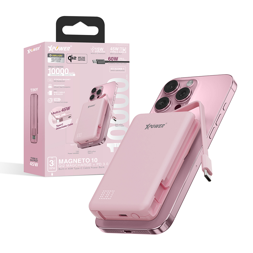 XPower MAGNETO-10-Qi2數顯-10000mAh-45W-PD3_0-磁吸無線移動電源-粉色-XP-MAGNETO10-PK-電子產品-清酒十四代獺祭專家