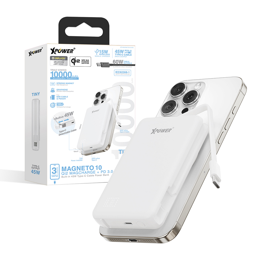 XPower MAGNETO-10-Qi2數顯-10000mAh-45W-PD3_0-磁吸無線移動電源-白色-XP-MAGNETO10-WH-電子產品-清酒十四代獺祭專家