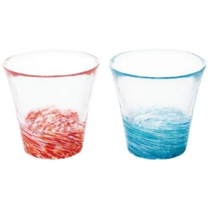 日本清酒杯 日本清酒杯 津輕 びいどろ 東雲淺葱清酒杯套裝 一套2個紅藍   正面圖