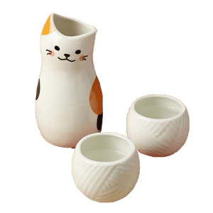 日本清酒杯 日本清酒杯 德利 酒杯酒瓶套裝 貓 一套三個   正面圖